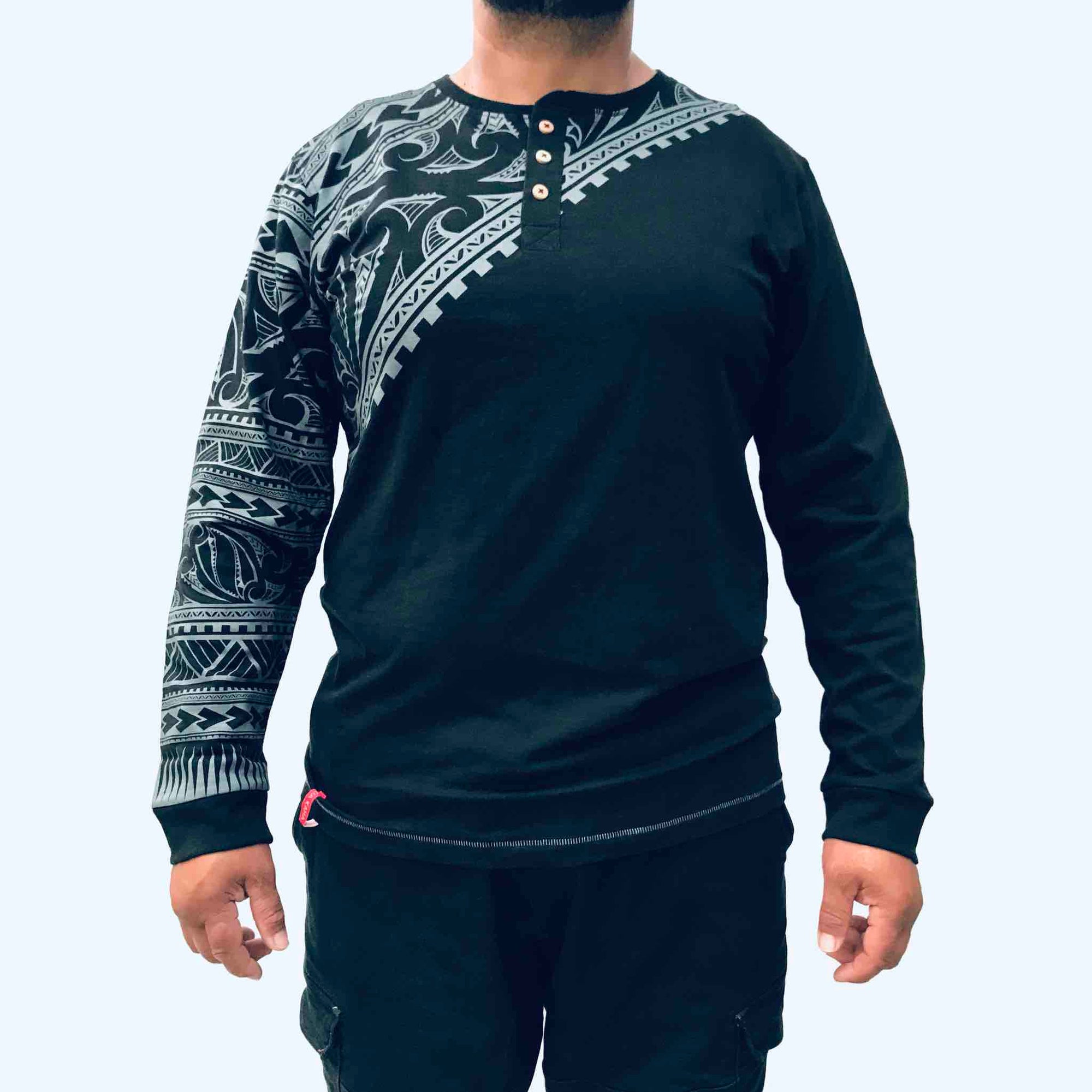 men's black long sleeved grandpa t-shirt wth maori design - kia-kaha new zealand