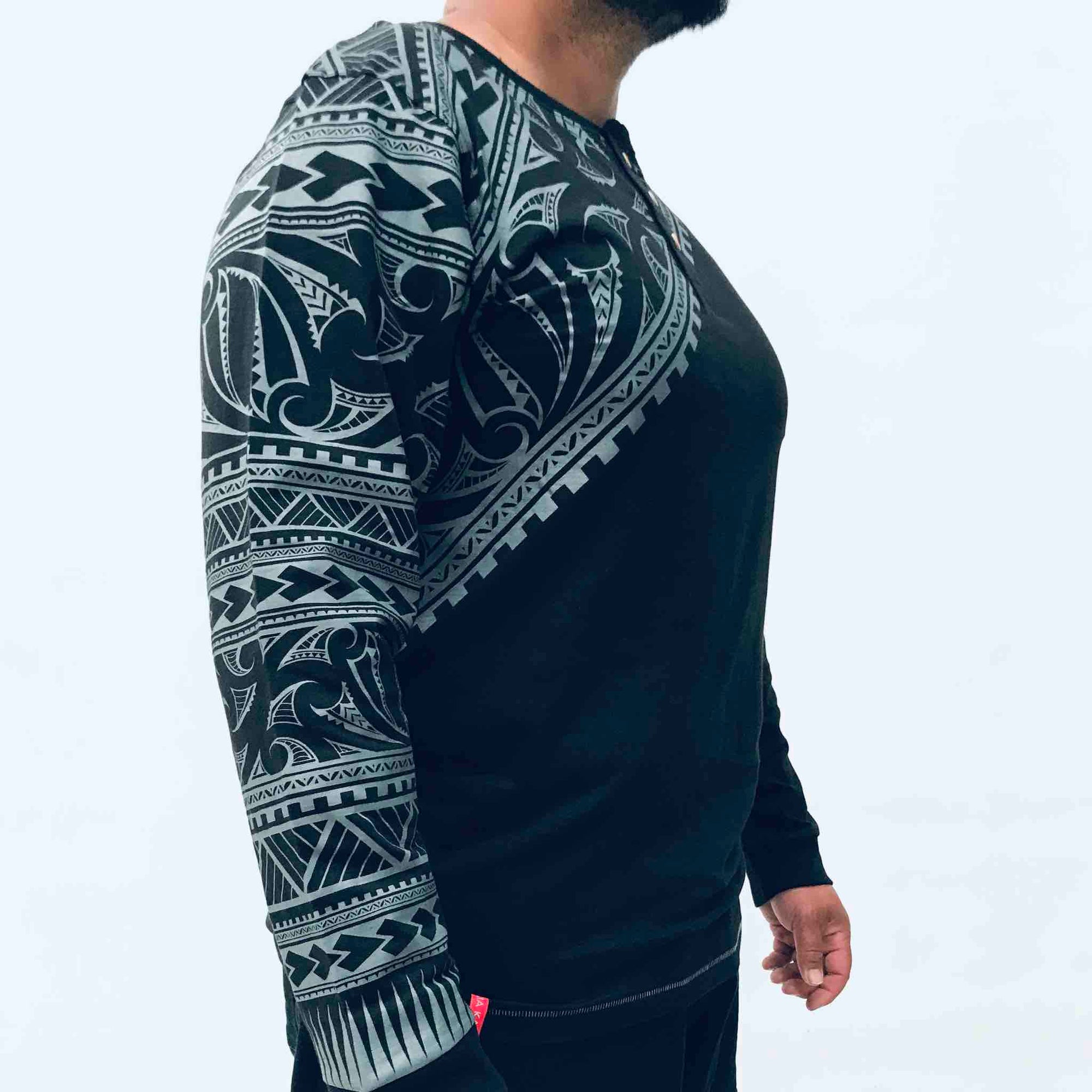 men's black long sleeved grandpa t-shirt wth maori design - kia-kaha new zealand