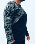 men's black long sleeved grandpa t-shirt wth maori design - kia-kaha new zealand