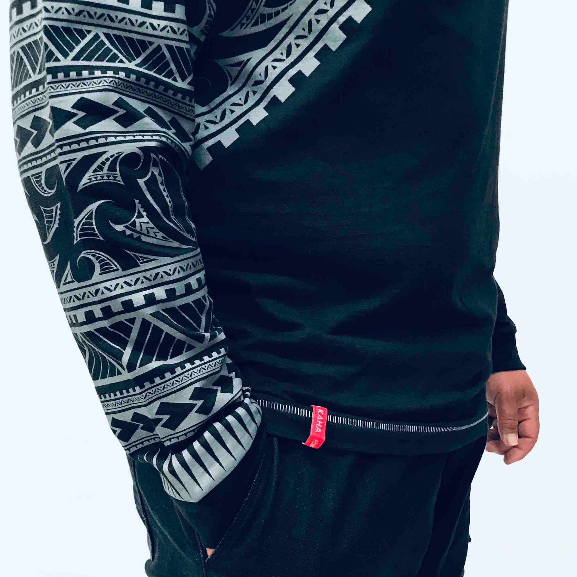 men's black long sleeved grandpa t-shirt wth maori design - kia-kaha new zealand