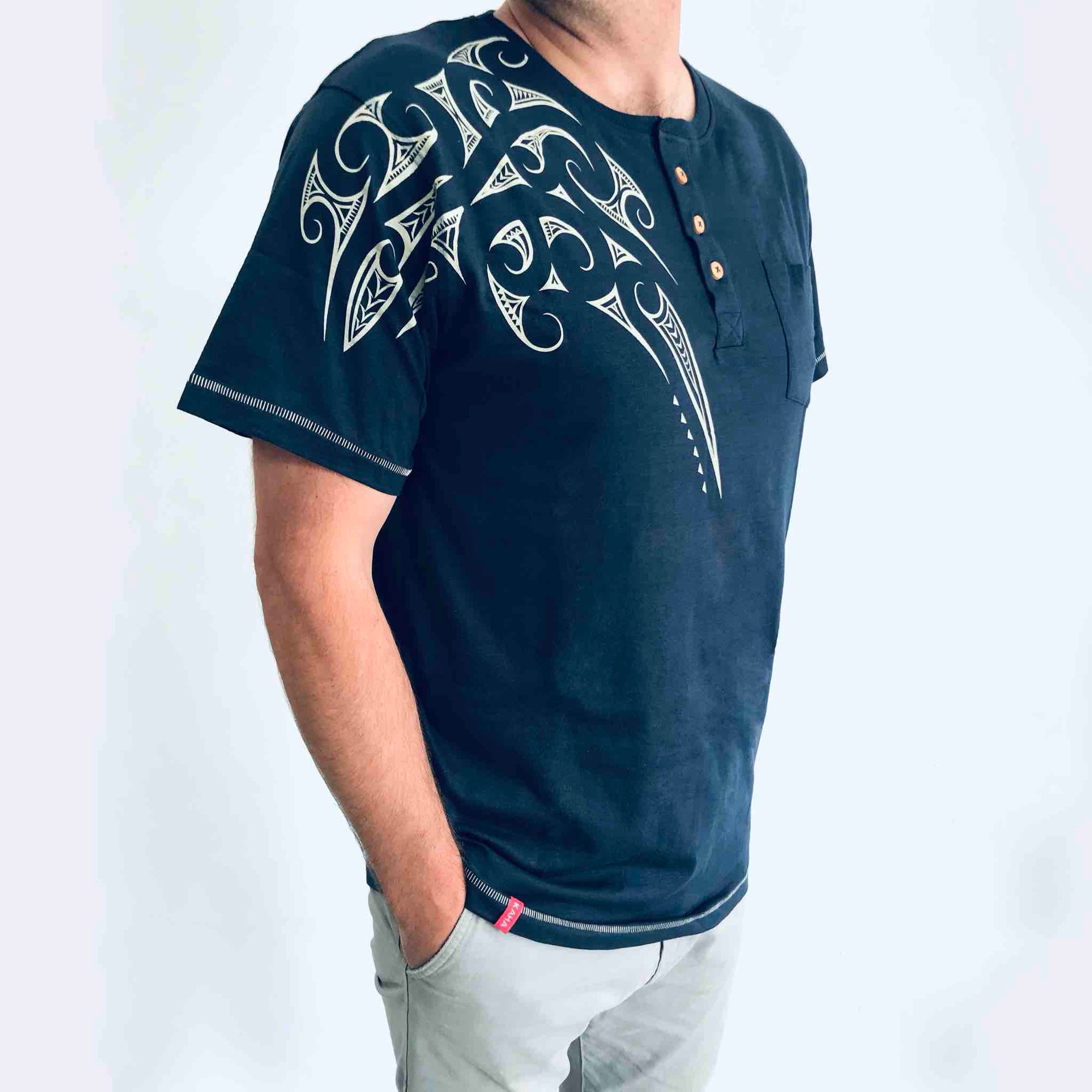 men's navy grandpa t-shirt wth maori design - kia-kaha new zealand