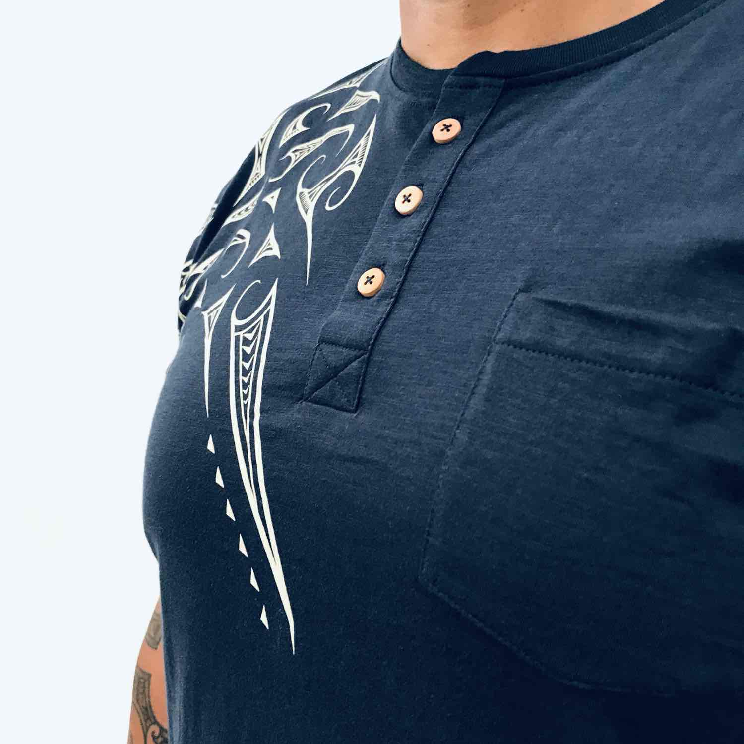 men's navy grandpa t-shirt wth maori design - kia-kaha new zealand