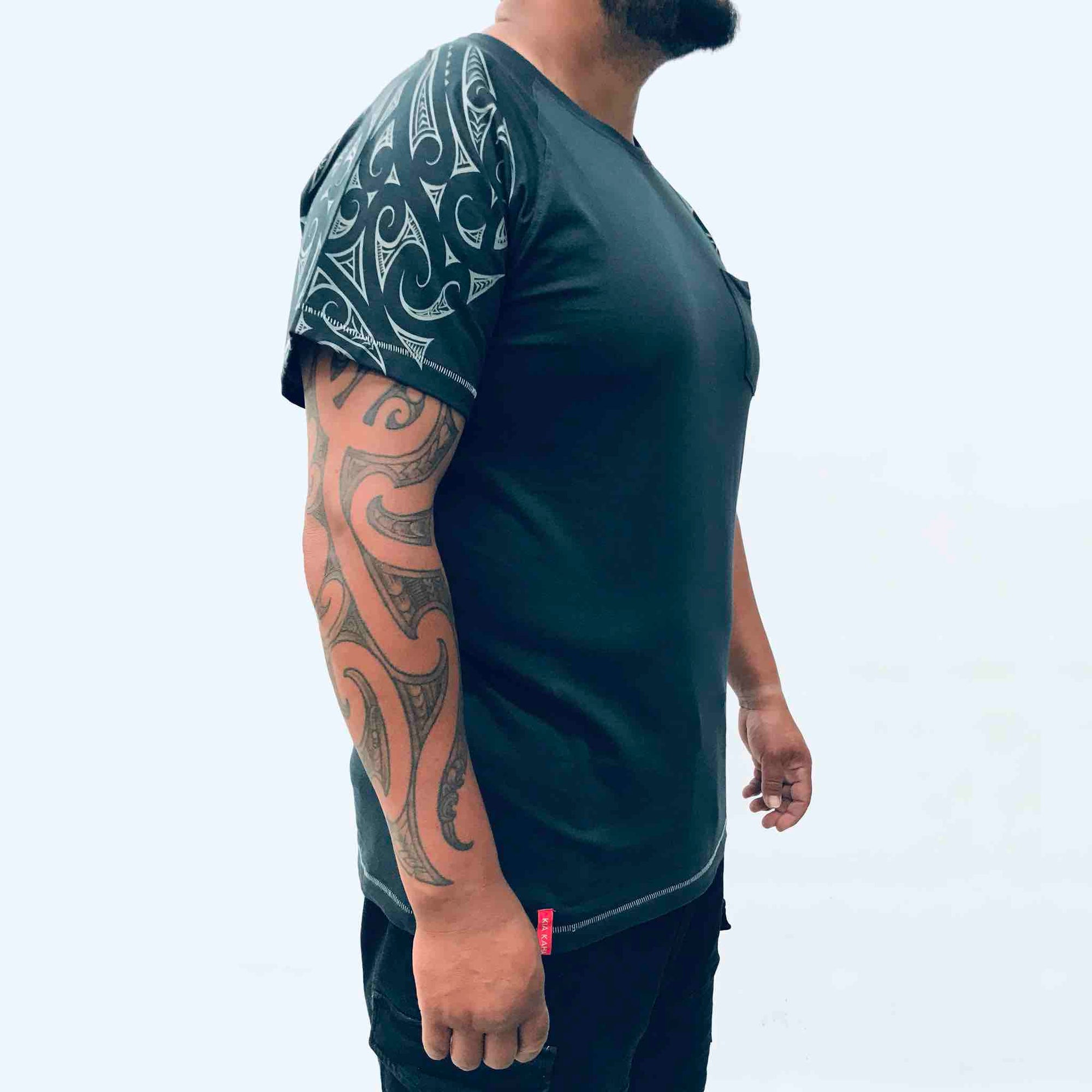 men's teal raglan sleeve new zealand t-shirt wth maori design shoulder print - kia-kaha nz