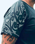 men's teal raglan sleeve new zealand t-shirt wth maori design shoulder print - kia-kaha nz