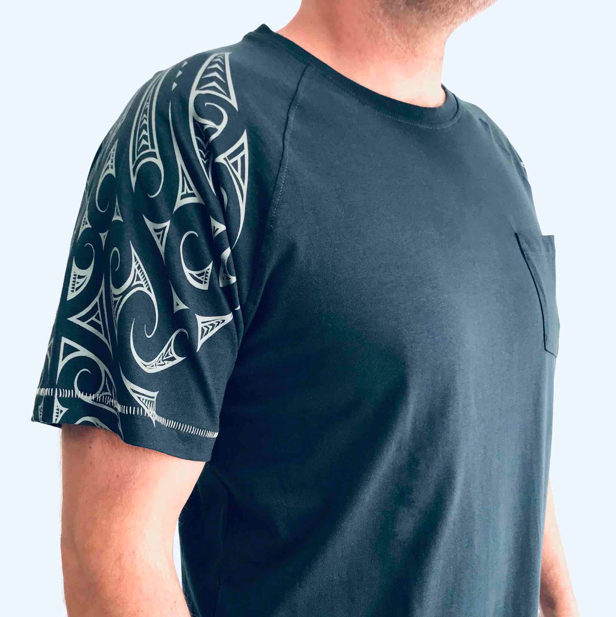 men's teal raglan sleeve new zealand t-shirt wth maori design shoulder print - kia-kaha nz