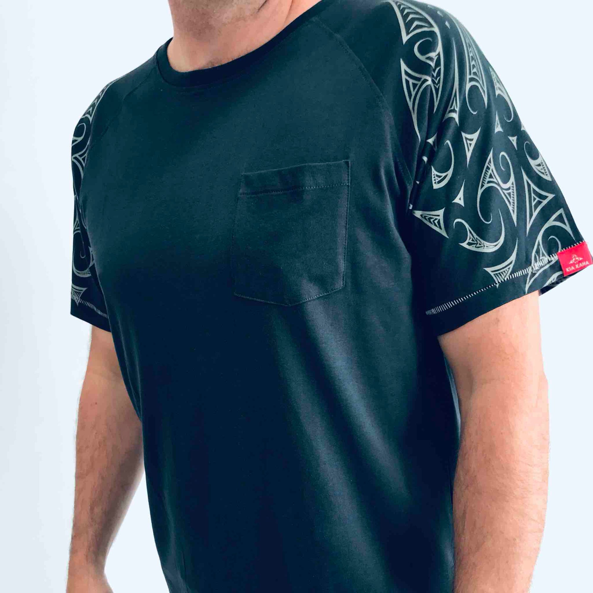 men's teal raglan sleeve new zealand t-shirt wth maori design shoulder print - kia-kaha nz