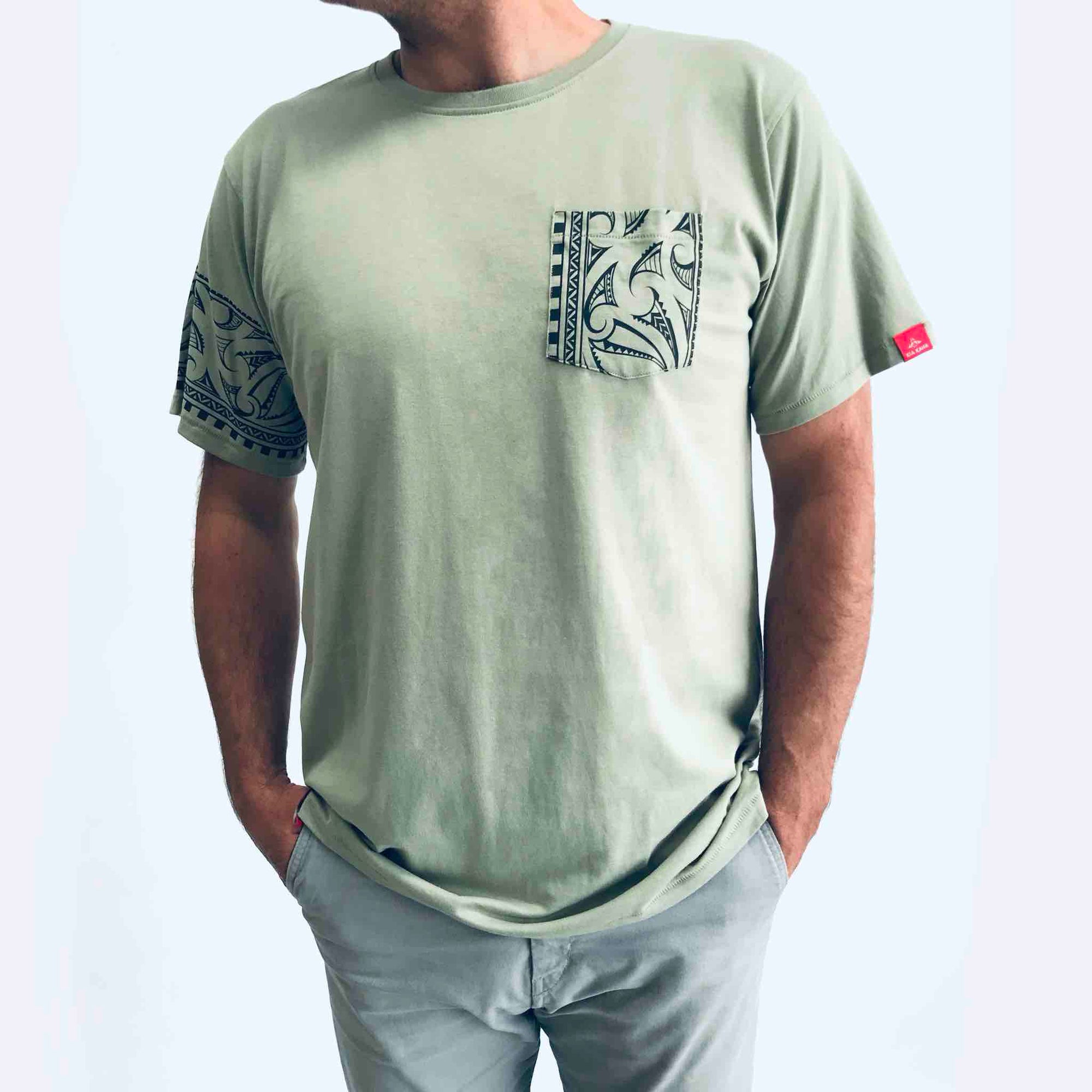 men's sage new zealand t-shirt wth maori design sleeve and pocket print - kia-kaha nz