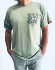 men's sage new zealand t-shirt wth maori design sleeve and pocket print - kia-kaha nz