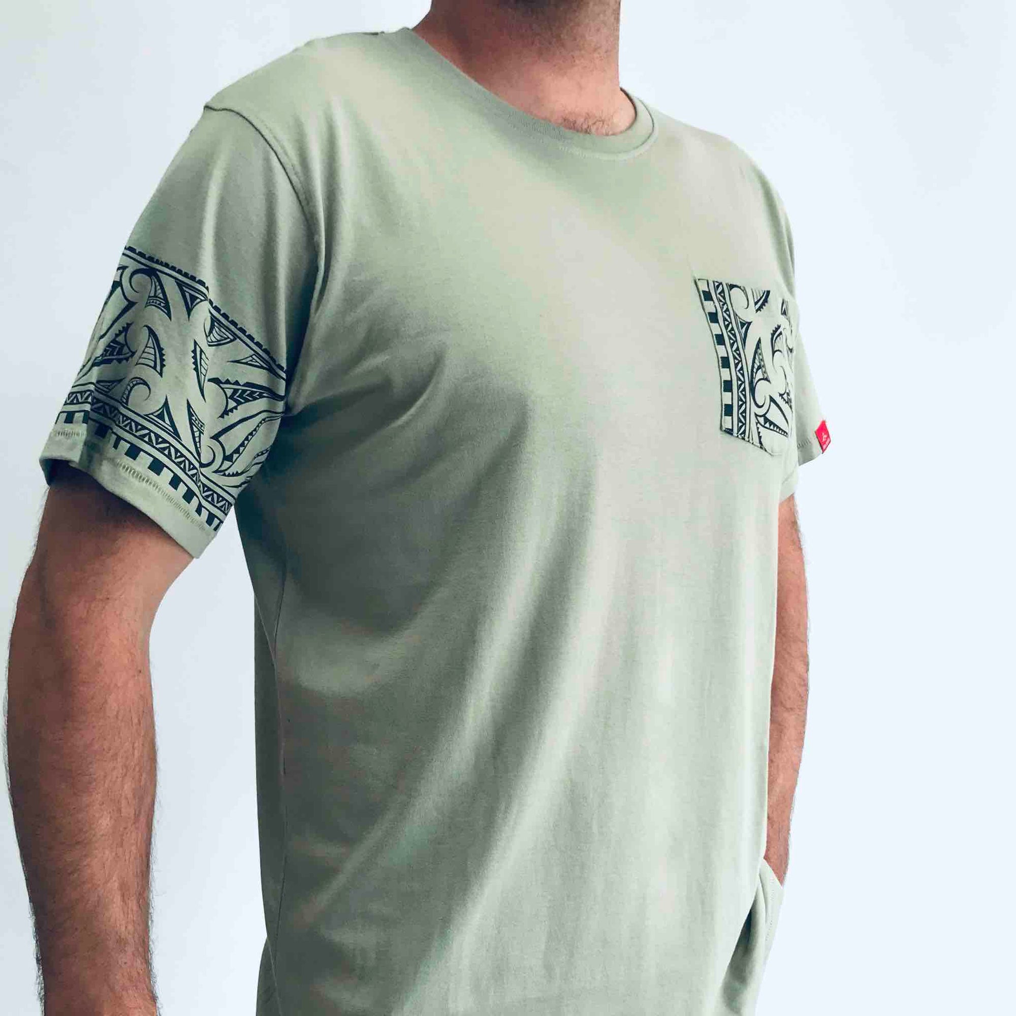 men's sage new zealand t-shirt wth maori design sleeve and pocket print - kia-kaha nz