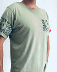 men's sage new zealand t-shirt wth maori design sleeve and pocket print - kia-kaha nz