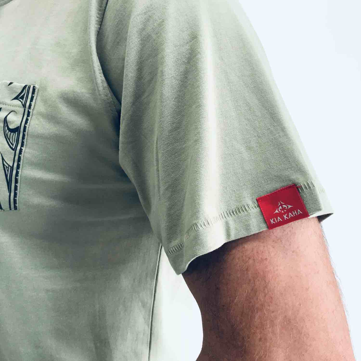 men's sage new zealand t-shirt wth maori design sleeve and pocket print - kia-kaha nz