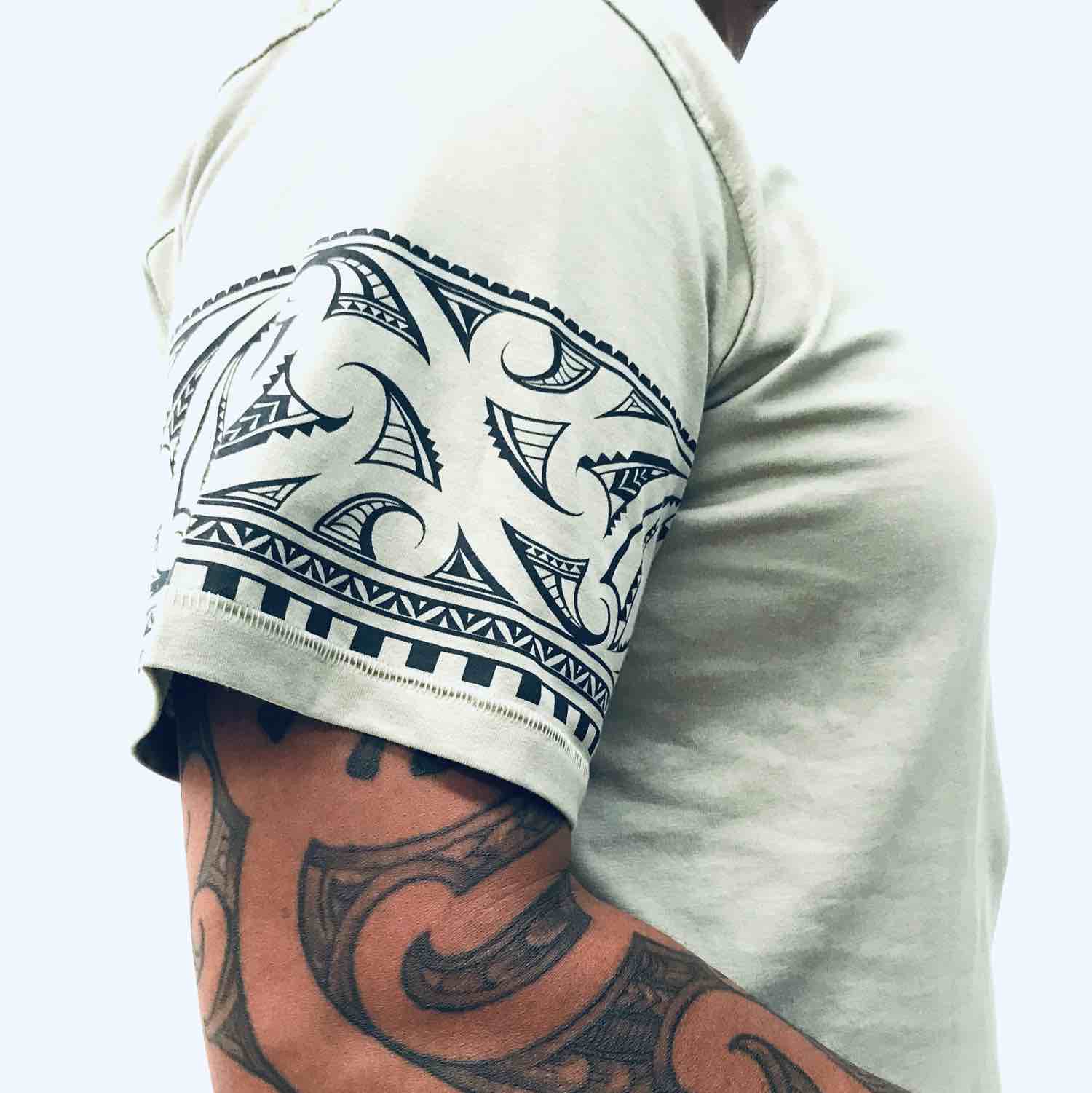 men's sage new zealand t-shirt wth maori design sleeve and pocket print - kia-kaha nz