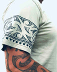men's sage new zealand t-shirt wth maori design sleeve and pocket print - kia-kaha nz