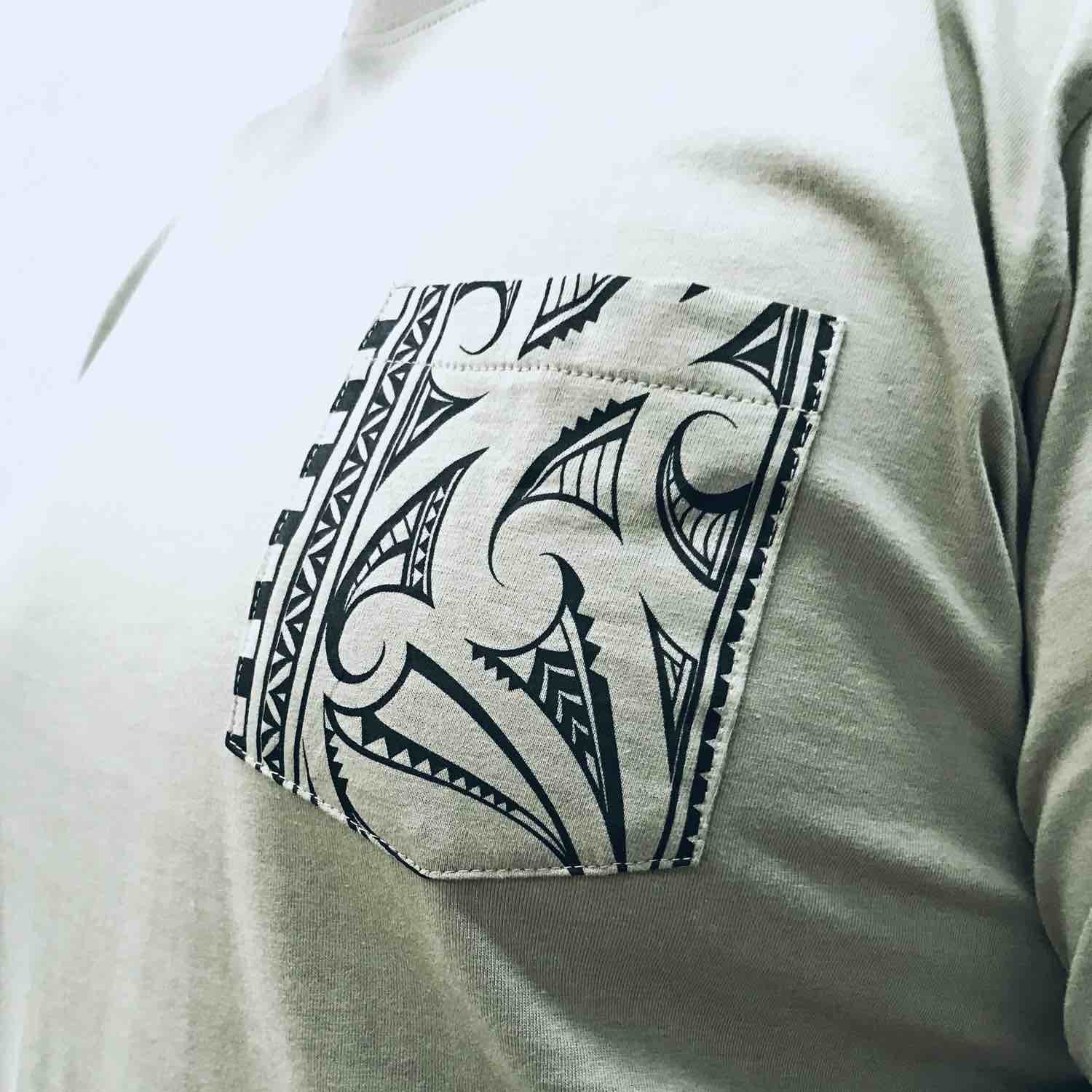 men's sage new zealand t-shirt wth maori design sleeve and pocket print - kia-kaha nz