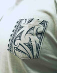 men's sage new zealand t-shirt wth maori design sleeve and pocket print - kia-kaha nz