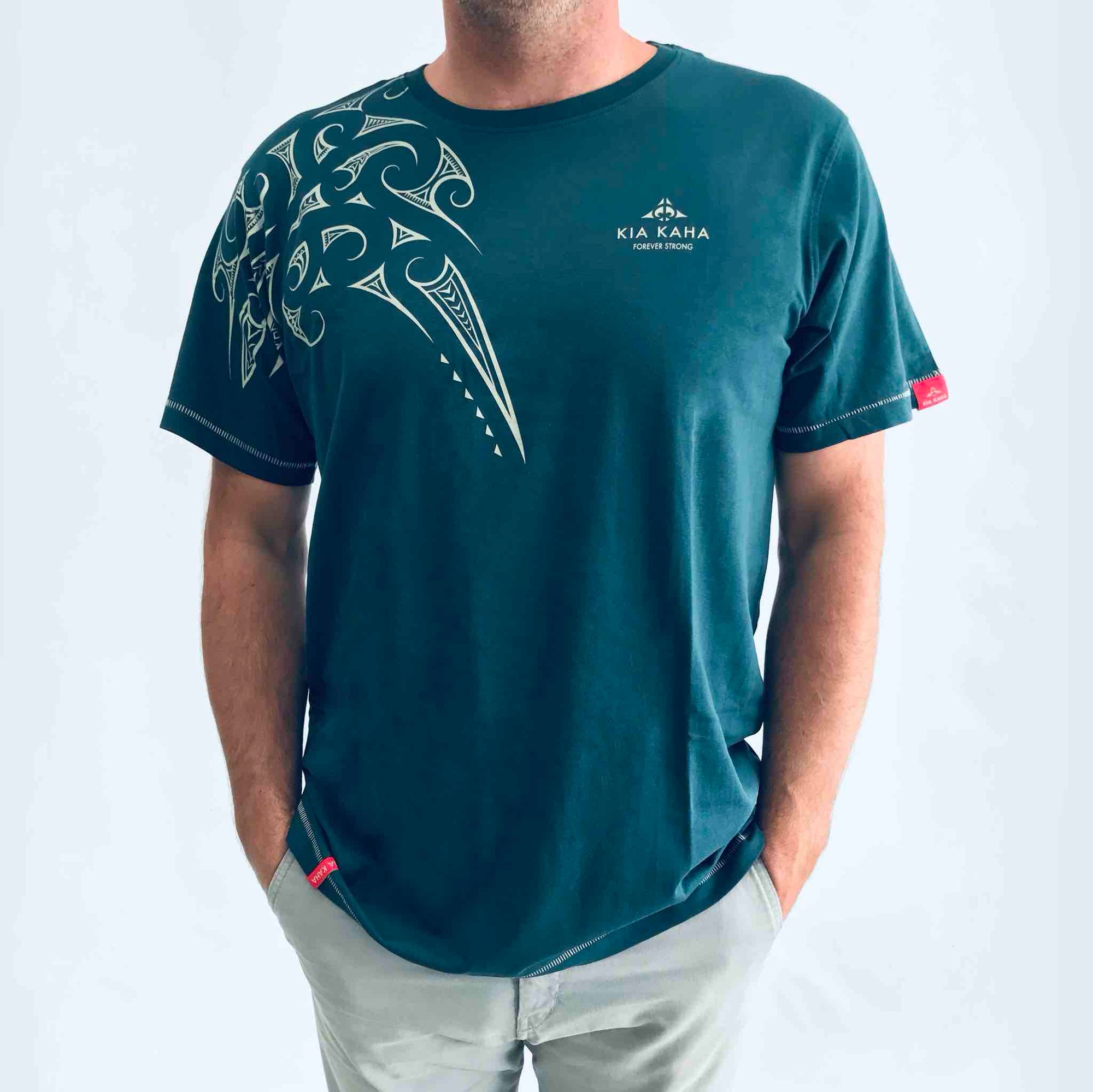 men's teal t-shirt wth maori ngaru design print - kia-kaha new zealand