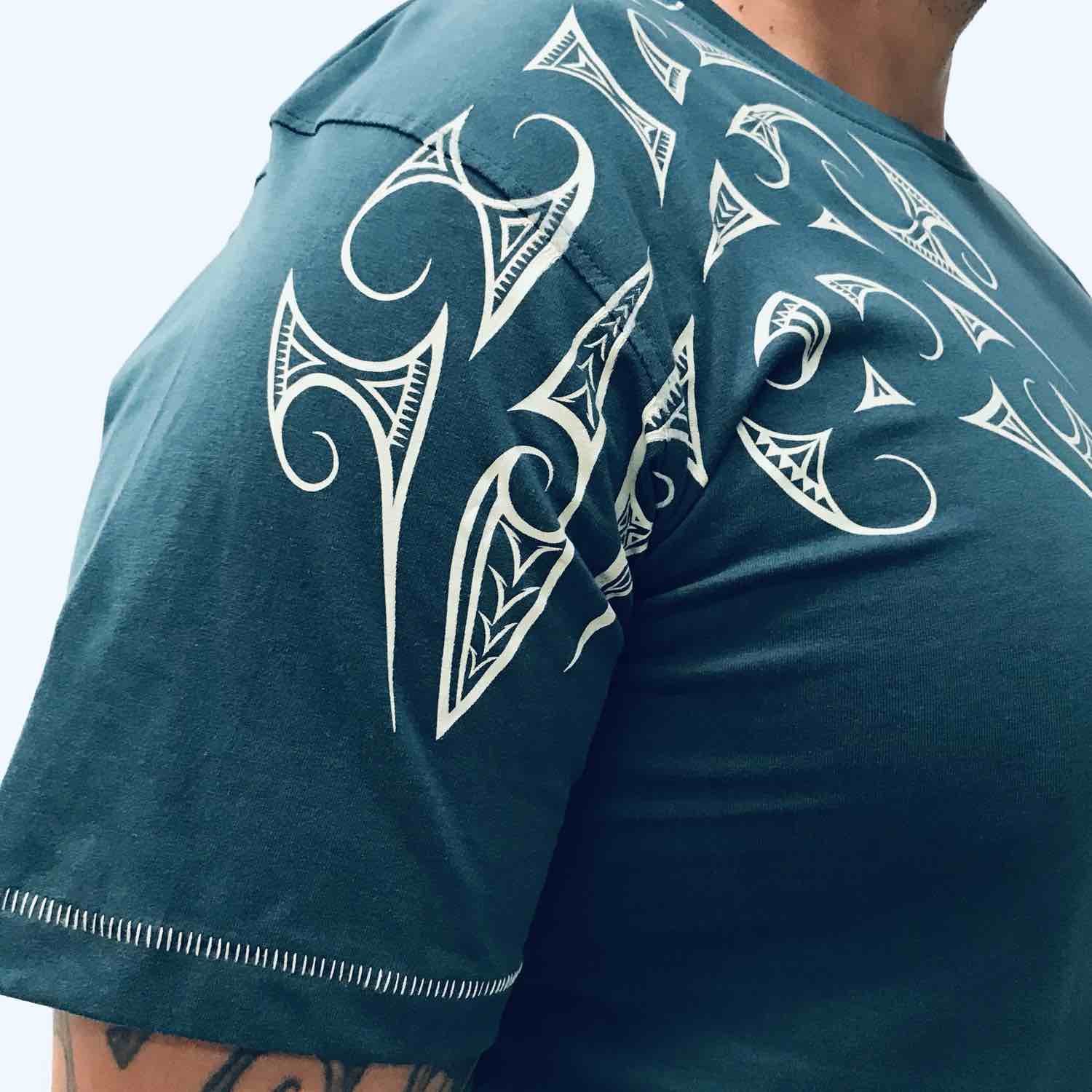 men's teal t-shirt wth maori ngaru design print - kia-kaha new zealand