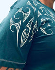 men's teal t-shirt wth maori ngaru design print - kia-kaha new zealand