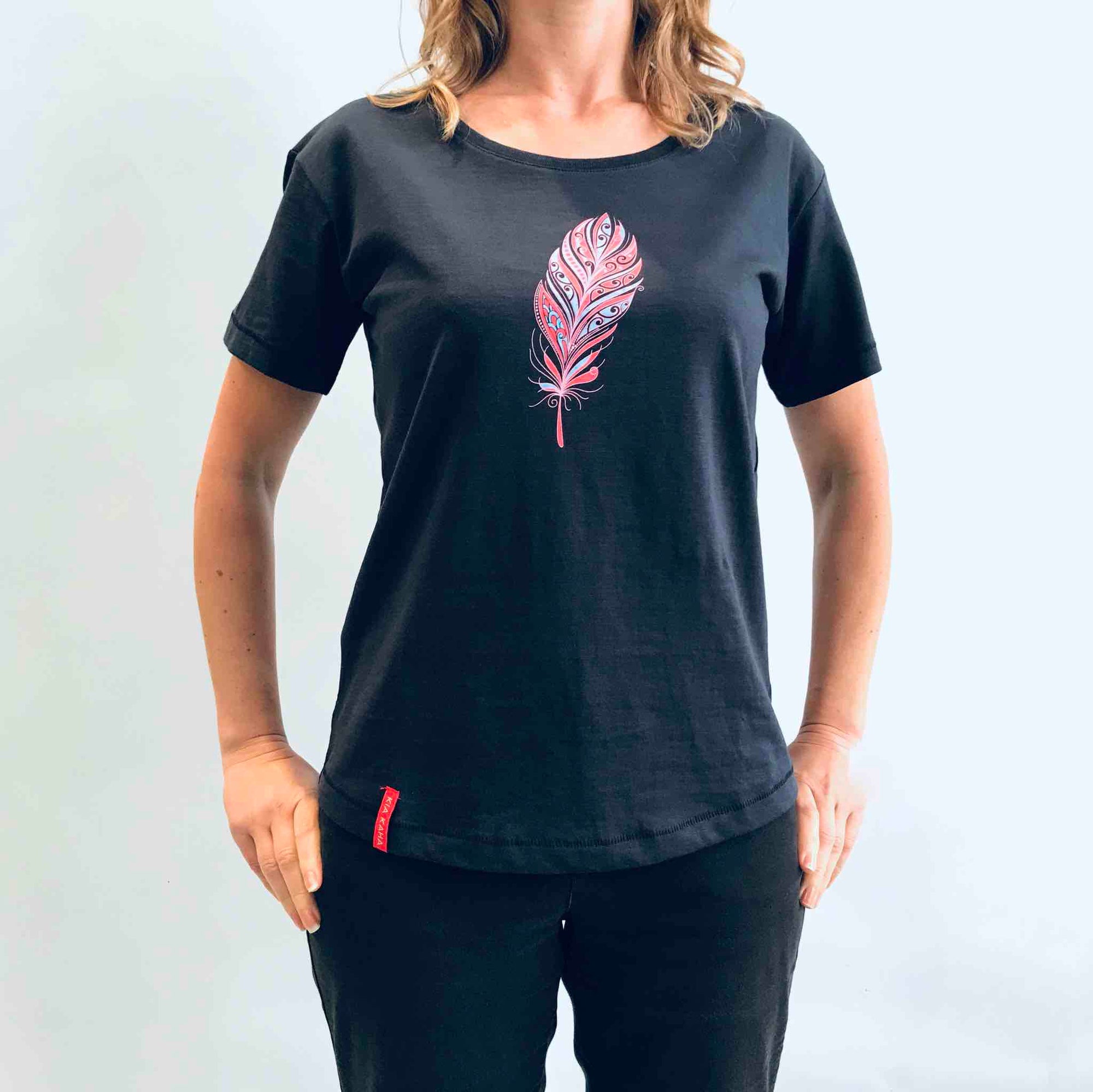 women's black new zealand t-shirt wth feather design - kia-kaha nz