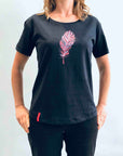 women's black new zealand t-shirt wth feather design - kia-kaha nz